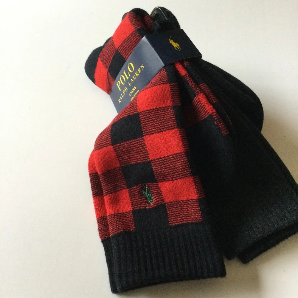 POLO RALPH LAUREN MENS 2 PAIR PACK BOOT SOCKS RED/BLACK AND GRAY WITH LOGO NWT